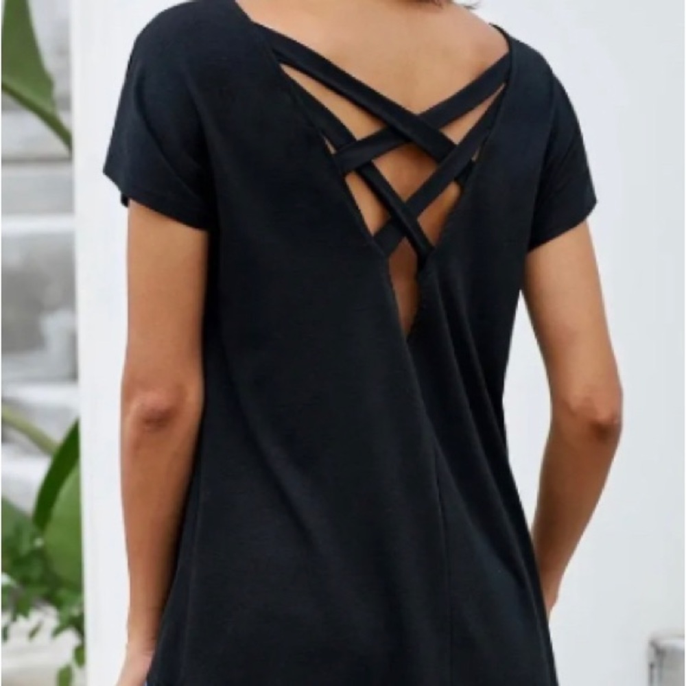 BOUTIQUE S/S Solid Knit Top with Criss Cross Detail NEW!